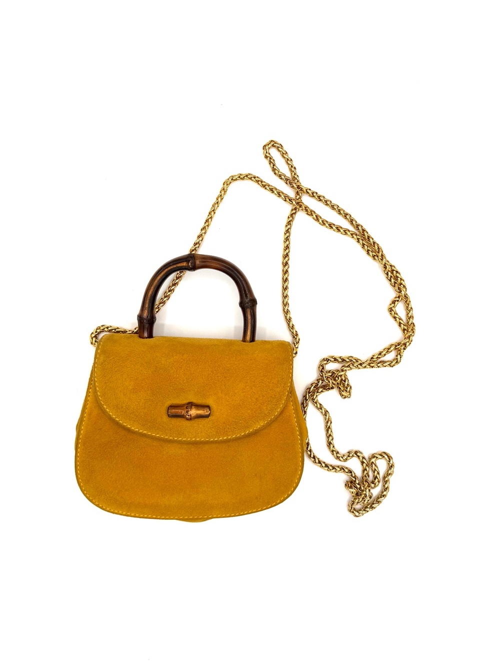 Gucci Yellow Suede Mini Bamboo Top-Handle Bag